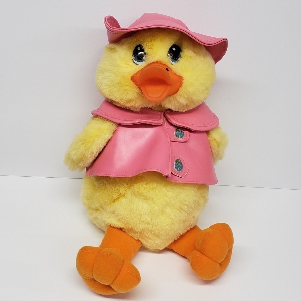 Main Joy Limited 16" Yellow Easter Duck Pink Raincoat Hat Vintage Plush
